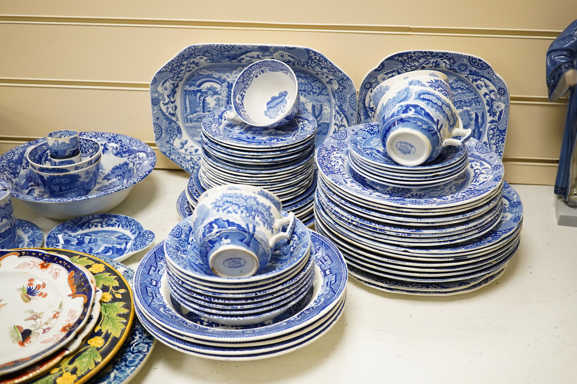 A quantity of blue and white china, mostly Spode Italian, together with a Davenport plate, a Mason's ironstone plate and a late Victorian majolica dish (a.f.). Condition - varies